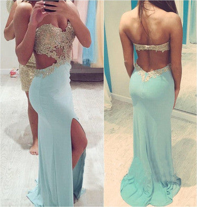 Blue backless prom dress, sexy prom dress, slit prom dress,Long prom dresses, Prom dress online, Backless prom dress,360003