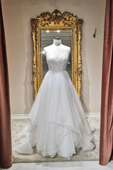 White v neck tulle long prom dress, white evening dress,BH91171