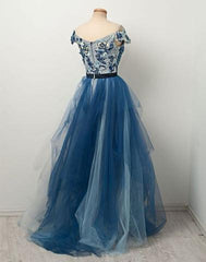 Blue tulle lace applique long prom dress, blue evening dresses,PD790006