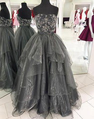 Gray tulle beads long prom dress, gray evening dress BD98001