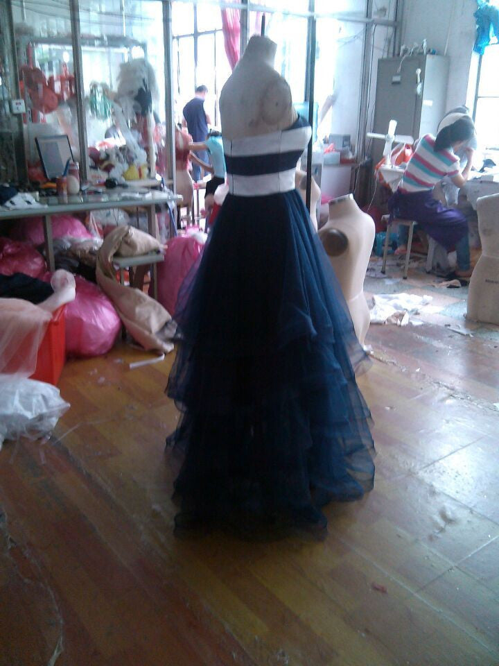 Navy blue prom dress,long Prom Dress,tulle evening gown,strapless prom gown,BD1005