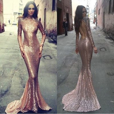 Long sleeve mermaid prom dress, rose gold prom dresses, sequin prom dresses, backless prom dress,BD004