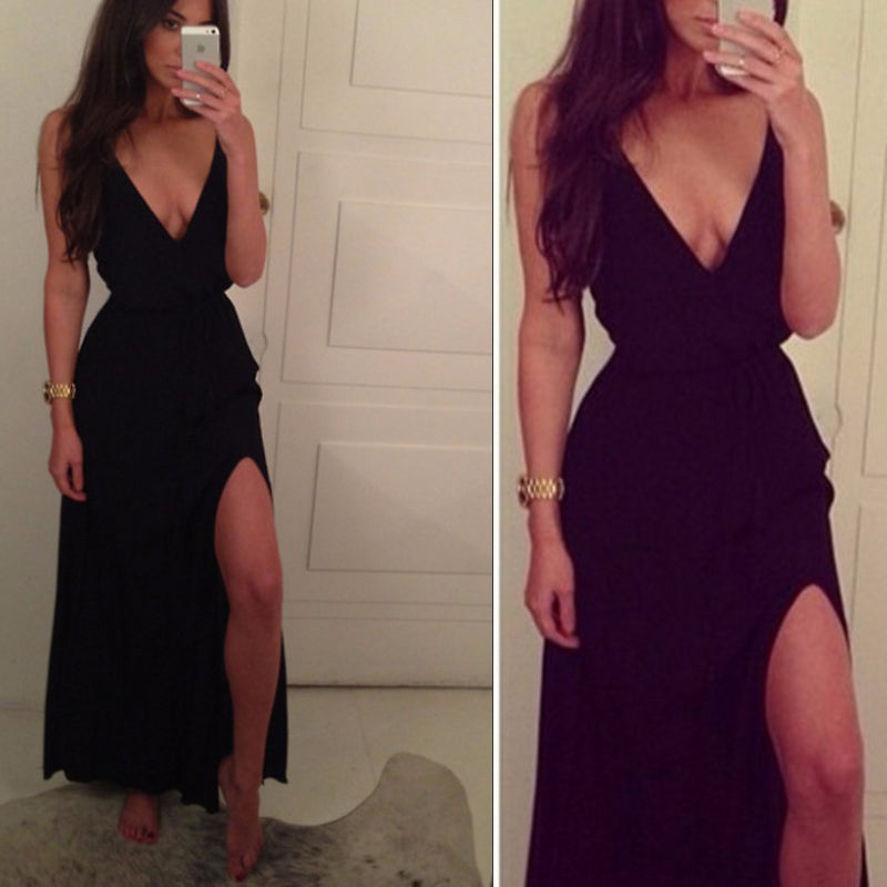 black chiffon cheap simple v-neck long side slit evening dress,HO135