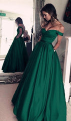 Off Shoulder Long Satin Prom Dress, A-line Green Simple Evening Dress, BH12154