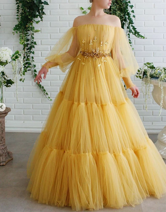 Yellow tulle lace long prom dresses yellow lace tulle formal dress, HO249