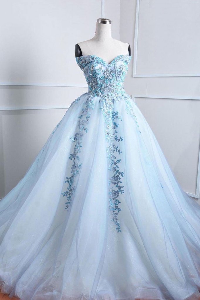 sweetheart light blue tulle A-line fluffy long prom dress,HO125