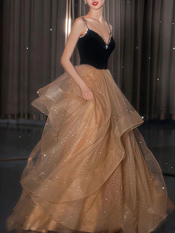 Champagne v neck tulle long prom dress, champagne evening dress,BD22273