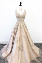 v-neck champagne tulle with lace appliques long prom dress,HO124