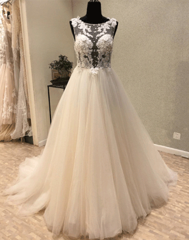 White round neck lace long prom dress, evening dress