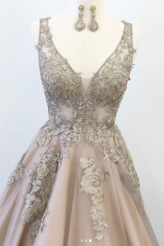 v-neck champagne tulle with lace appliques long prom dress,HO124