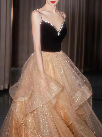 Champagne v neck tulle long prom dress, champagne evening dress,BD22273