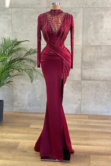 Elegant Long Sleeve Burgundy Prom Dress Mermaid Beadings Evening Gowns,BD22187