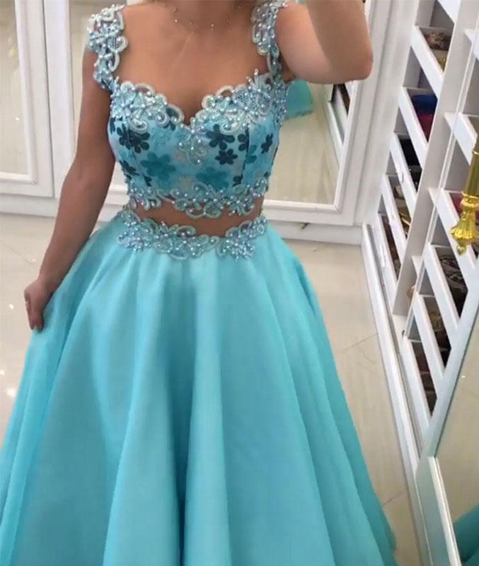 Blue Sweetheart Two Pieces Long Prom Dresses, Blue Prom Dresses,PD4558942