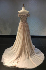 charming tulle with appliques champagne off shoulder long prom dress,HO110