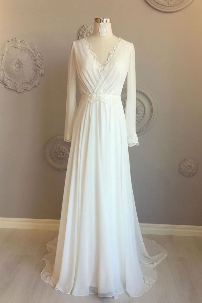 simple elegant white long sleeves v-neck chiffon and lace wedding dress,HO148