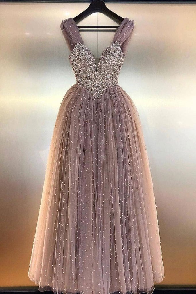 light purple tulle gorgeous beaded A-line long ball gown princess prom dress,HO149