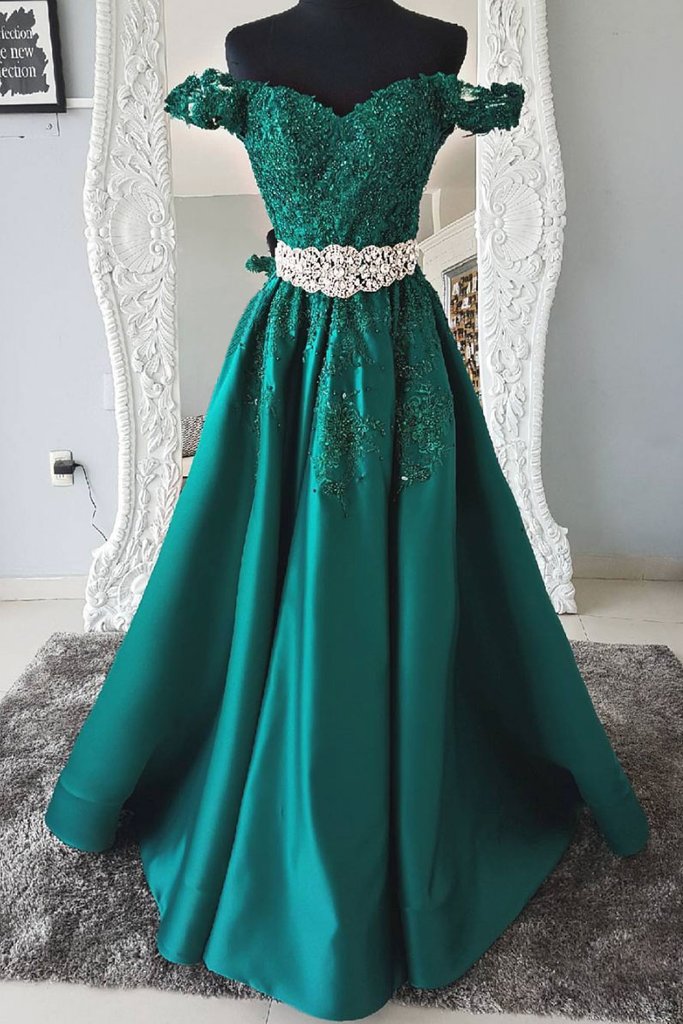 emerald green off shoulder long A-line formal prom dress,HO120