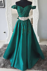 emerald green off shoulder long A-line formal prom dress,HO120