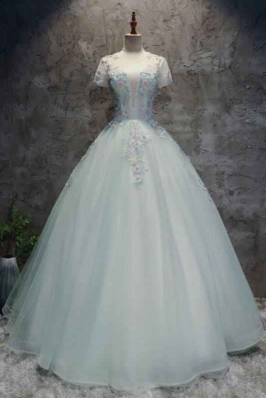 light blue short sleeves long prom dress fluffy evening gown,HO119