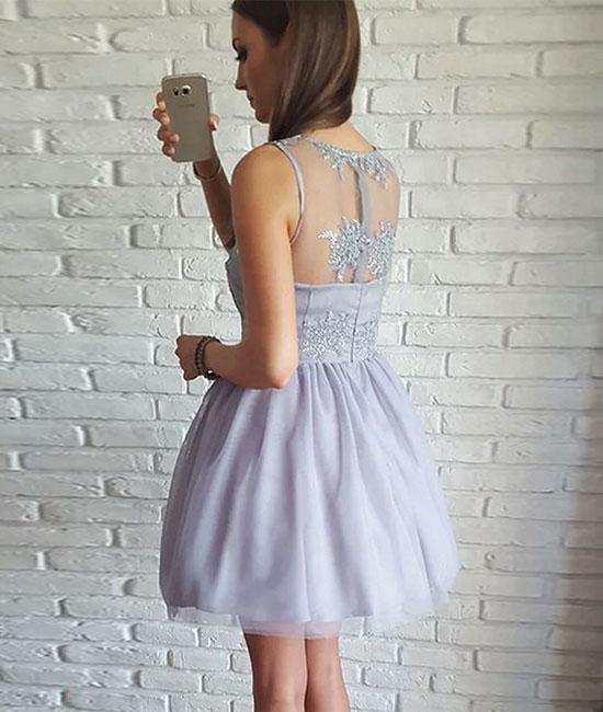 Gray V Neck Lace Tulle Short Prom Dresses, Homecoming Dresses,PD4558948