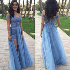 Blue prom dress,long prom dress,off shoulder prom dress,charming prom dress,BD618