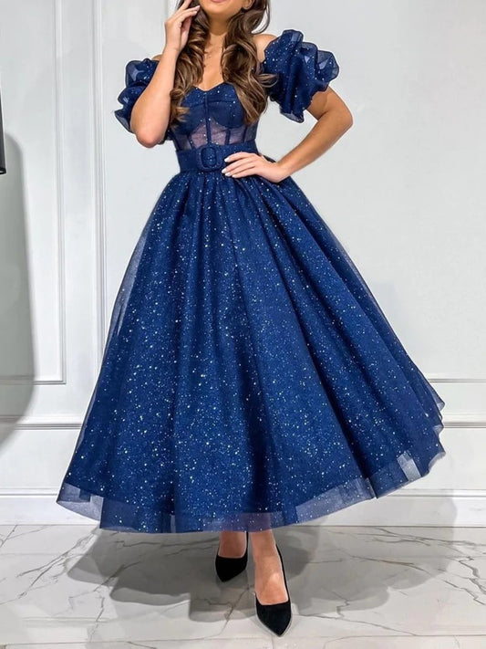 Dark blue tulle tea length prom dress, blue formal dress,BD22253