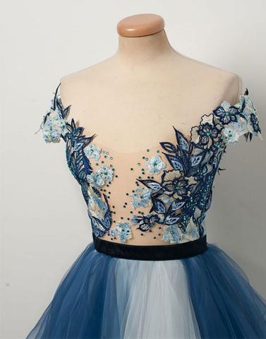 Blue tulle lace applique long prom dress, blue evening dresses,PD790006