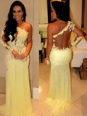 yellow prom Dress,one shoulder Prom Dresses,formal Evening Dress,see through back prom dress,BD2850