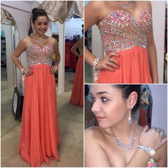 sweetheart prom dress,long Prom Dress,coral prom dress,chiffon prom dress,beaded evening dress,BD2880