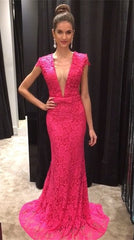 hot pink lace prom dress,long Prom Dress,elegant prom dress,mermaid prom dress,short sleeves evening dress,BD2890