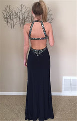 black evening Dress,long Prom Dress,beaded prom dress,side slit prom dress,backless evening dress,BD2969