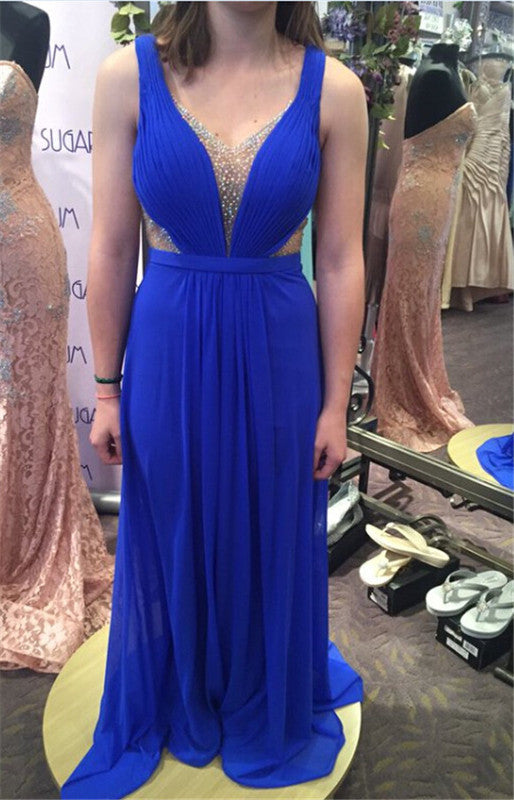 royal blue evening Dress,chiffon Prom Dress,beaded prom dress,long prom dress,charming evening dress,BD2965