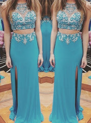 two pieces evening Dress,blue Prom Dress,beaded prom dress,long prom dress,side slit evening dress,BD2966