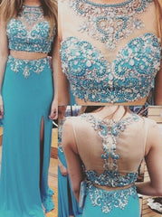 two pieces evening Dress,blue Prom Dress,beaded prom dress,long prom dress,side slit evening dress,BD2966