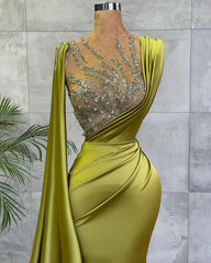 Vintage Jewel Satin Emerald Crystal Mermaid Prom Dresses Long,BD22191