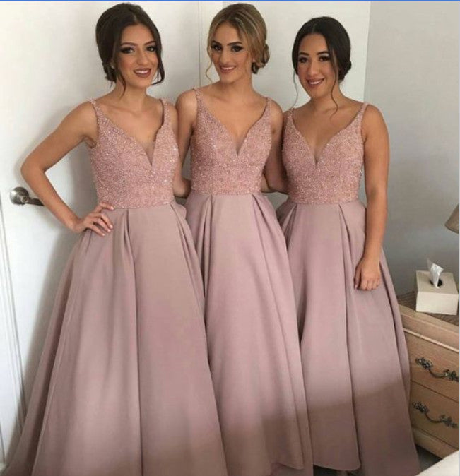 Dusty rose bridesmaid dress,long bridesmaid dress,A-line bridesmaid dress,v-neck bridesmaid dress,BD2010