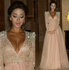 Charming prom Dress,Pink Prom Dresses,V neck prom Dress,Long sleeves prom dress,Evening dress,BD067