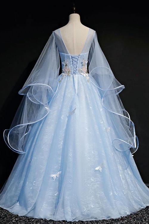 charming princess blue long sleeves tulle long prom dress,HO146