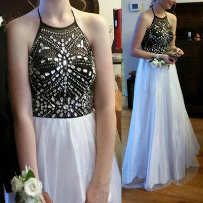 black and white prom dress,halter long prom dress,discount prom dress,cheap prom dresses,BD101