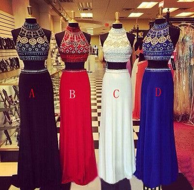 Two pieces prom Dress,Beading Prom Dresses,High neck prom dress,Evening dress,BD039