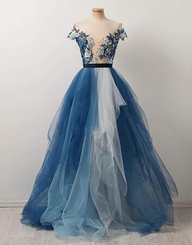 Blue tulle lace applique long prom dress, blue evening dresses,PD790006