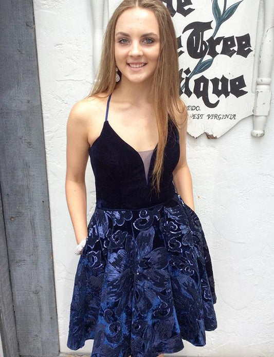 Spaghetti Straps Short Cocktail Dress With Pockets Navy Blue HomecomingDress, BH91247