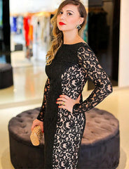 Stunning Plus Size Sheath Bateau Backless Lace Long Sleeves Black Prom Dress, BH91241