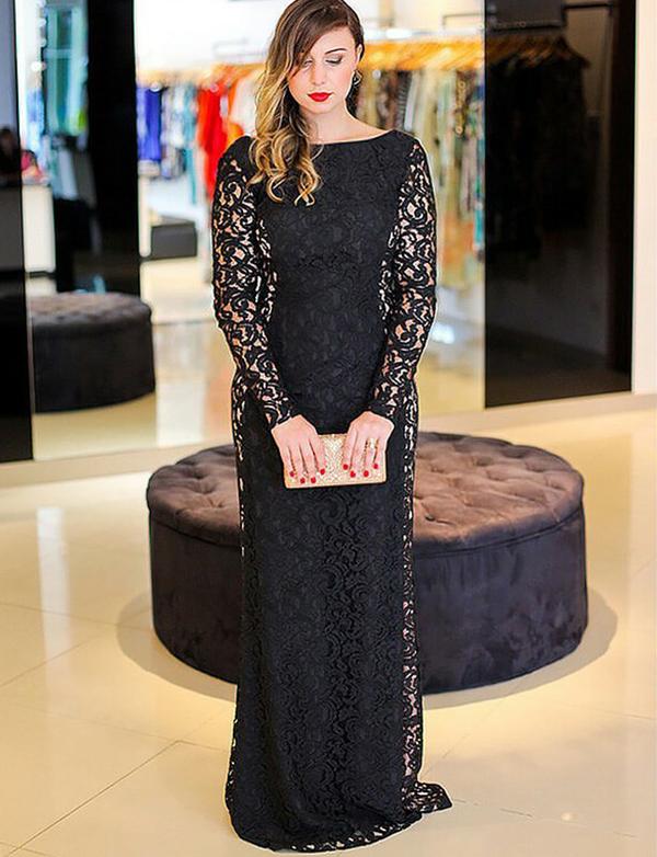 Stunning Plus Size Sheath Bateau Backless Lace Long Sleeves Black Prom Dress, BH91241