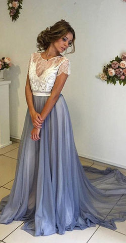 A-line Prom Dress,Chiffon Prom Dress With Lace,Short Sleeves Backless Evening Dresses,PD455833