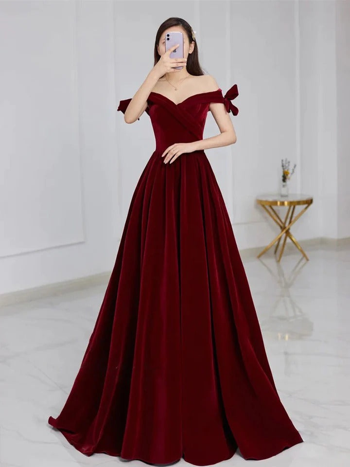 Burgundy sweetheart neck off shoulder long prom dress, velvet bridesmaid dress,BD22260