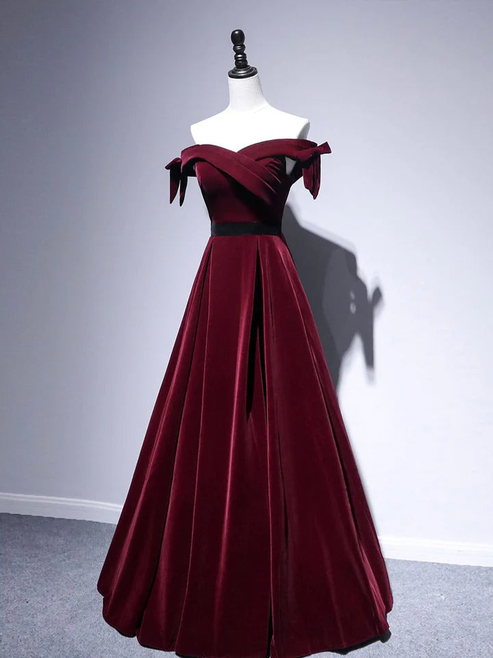 Burgundy sweetheart neck off shoulder long prom dress, velvet bridesmaid dress,BD22260