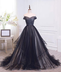 Simple Black Sweetheart Tulle Long Prom Dresses, Black Evening Dresses,PD4558952