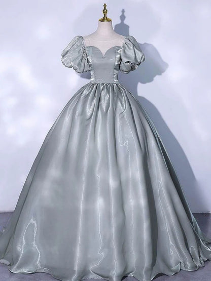 Gray satin long prom dress, gray sweet 16 dress,BD22254