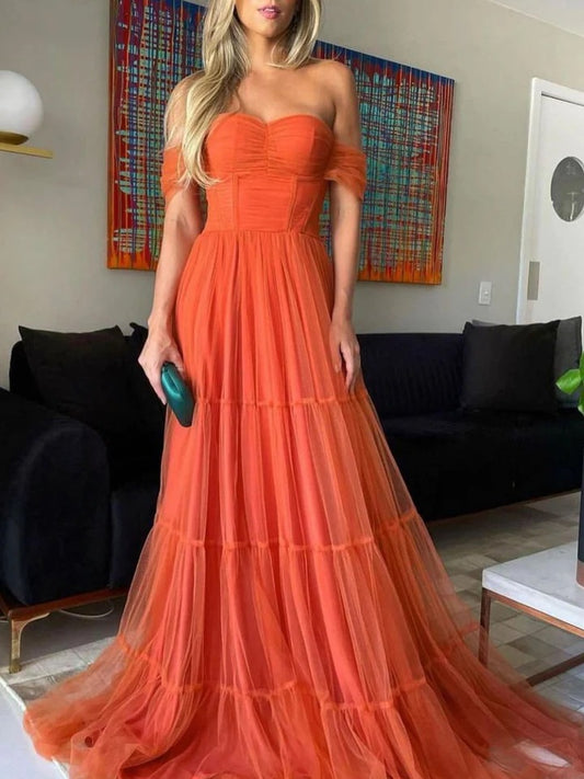 Simple off shoulder tulle orange long prom dress A line formal dress,BD22218